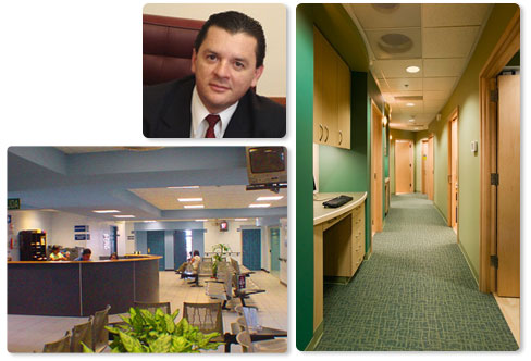 Three pictures with Dr. Chavarria and other two pictures of the offices at the Costa Rica Center for Plastic Surgery